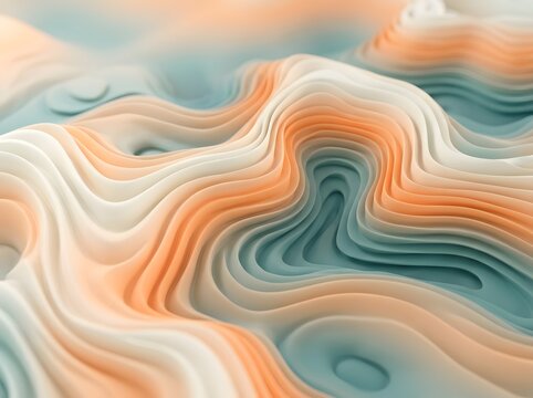 Topographic map style 3D landscape with soft peach and teal layered contours
