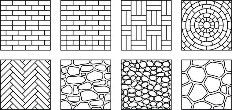 Set of black linear floor tile patterns with brick bond herringbone cobblestone and circular paving stone.