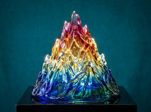 Colorful faceted glass crystal mountain ornament on black base with multi colore
