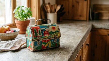 Fototapeta premium Colorful Vintage Lunchbox on Wooden Kitchen Countertop.