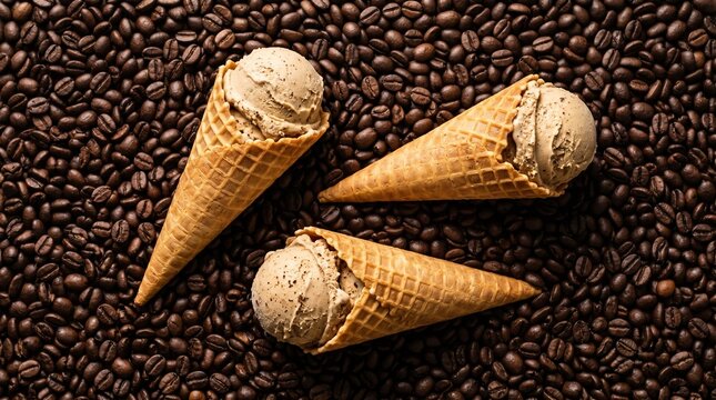 A top-dow food photograph featuring three scoops of light brown coffee-flavored ice cream, in brown waffle cone arranged across a background completely covered in  dark, roasted coffee beans.