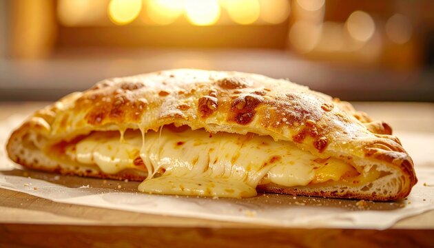 Fresh baked calzone with melted cheese filling, rustic bakery atmosphere, golden sunlight, cozy Italian aesthetic
