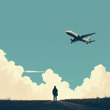 Person watches airplane fly in sky. Clouds drift by on a clear day. Journey and travel concept. Future transportation is taking off. Longing for adventure.