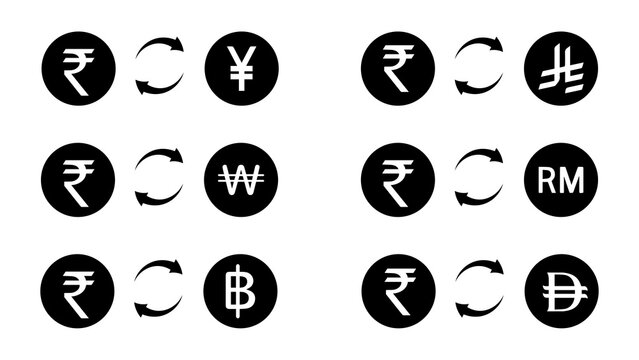 Indian Rupee to Asian Currency Exchange Icon Set &mdash; Rupee to Yen, Saudi Riyal, Won, Ringgit, Baht and Dong Conversion Pairs in Black and White