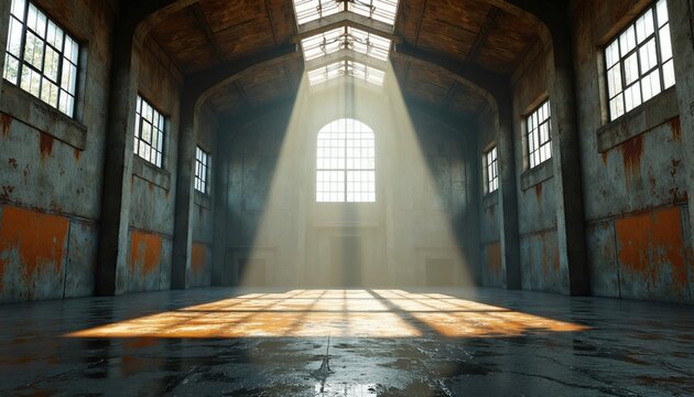 Sunlight streams through large window into abandoned industrial hall. Weathered walls and floor reflect moody light rays. Empty grunge warehouse interior.