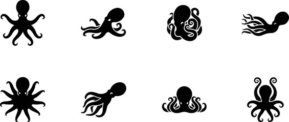 Eight black octopus silhouettes collection graphic design elements for marine themes and nautical branding © Dhriti Roy