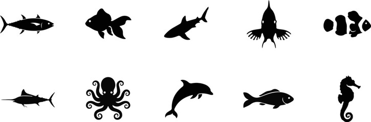 Marine life silhouette collection sharks fish octopus dolphin and seahorse vector graphics © Dhriti Roy