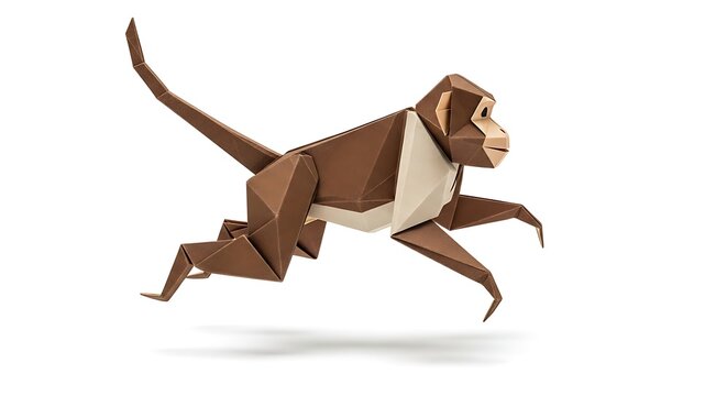 Origami monkey sculpture dynamic pose clean background