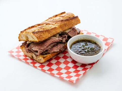 Hearty beef sandwich with rich au jus dipping sauce on a checkered napkin