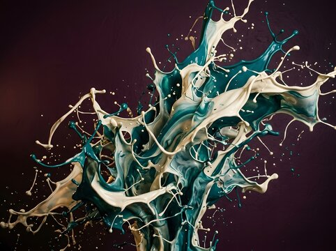 Artistic cream and dark teal liquid paint splash explosion with explosion