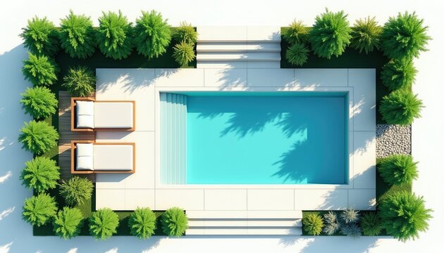 Top view of modern backyard pool with lounge chairs. Rich green plants surround clear blue water and white patio area. Stpic lead into pool creating relaxing summer scene.