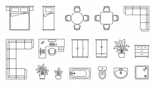 Space Planning Mobiliario Vector Set: Thin Line CAD Blocks for Floor Plans

