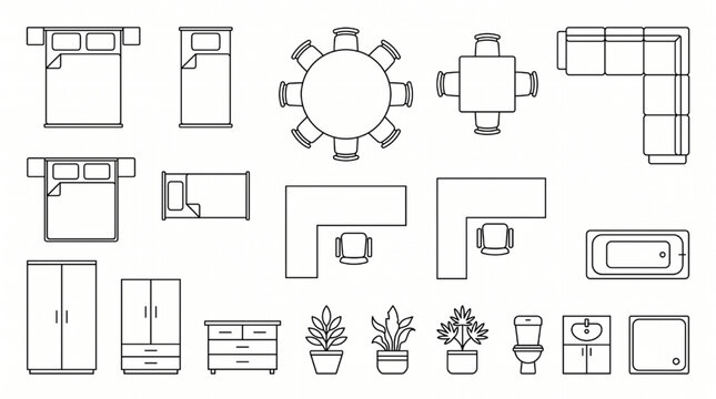 Residential House Plan Furniture Blocks: 2D Overhead Vector CAD Symbols
