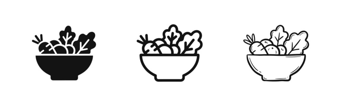 Set of vegetable salad bowl icons in solid, linear, and hand-drawn doodle styles