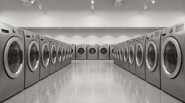 Front-Loading Washer and Dryer Aisle View in Contemporary Appliance Retailer