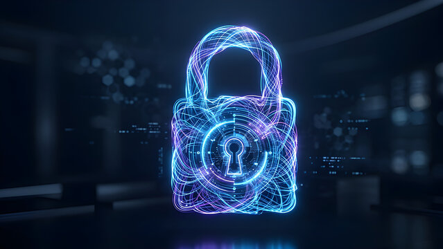 Cinematic surreal photo of a glowing digital padlock made of shifting electric blue quantum light strings.