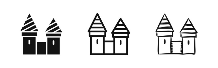 Castle Icon Set, Medieval Fortress Symbols in Solid, Outline, and Sketch Styles © drawing lines