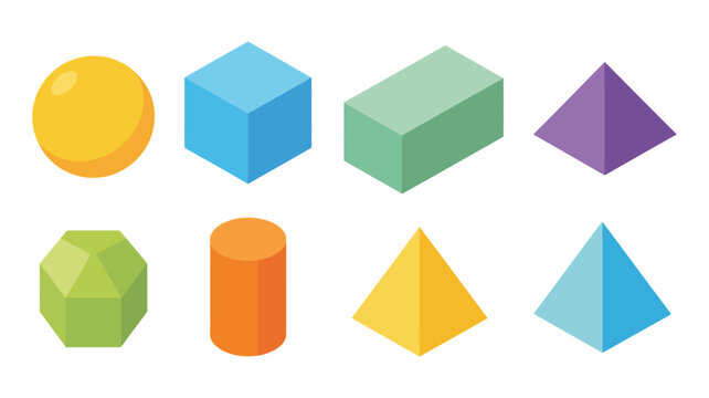 Colorful geometric 3D shapes vector illustration set, abstract cubes spheres pyramids and cylinders