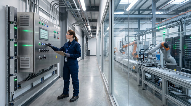 Industrial AI Security Monitoring Technician In Smart Factory Control Zone