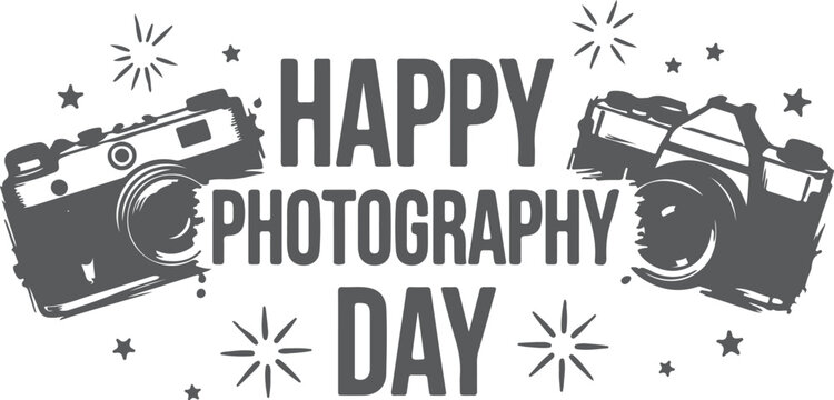 World photography day text with camera icon replacing letter creative black typography vector illustration design celebration concept