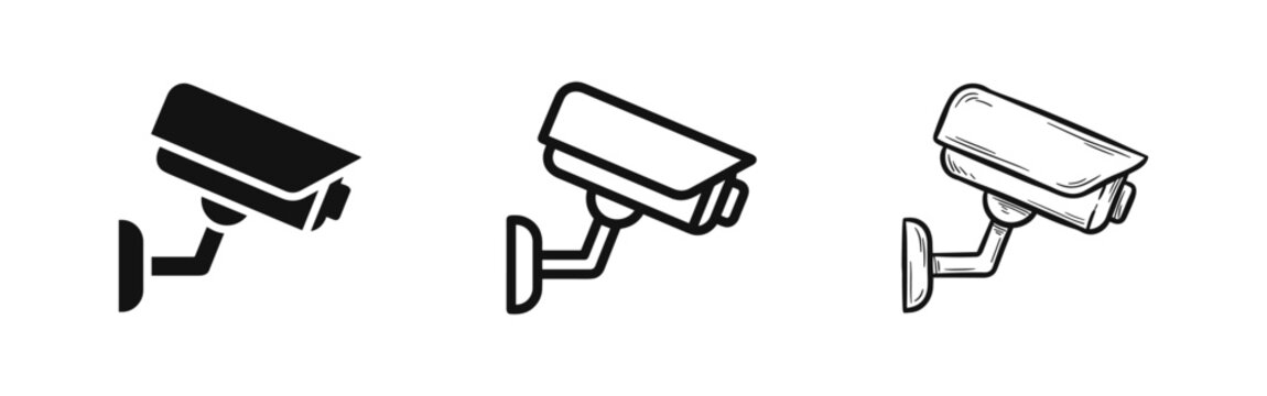 Set of CCTV camera icons for surveillance in different styles: solid black, outline, and hand-drawn.