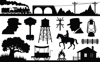 Obraz premium Vintage western and railroad silhouette elements collection with steam engine water tower horse rider cowboy hat old west black and white railroad silhouette campfire transport illustration