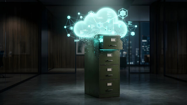 Cinematic photo of a physical filing cabinet dissolving into a glowing digital cloud storage hologram.