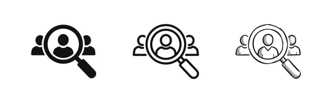 Search for person icon set, hiring and recruitment concept