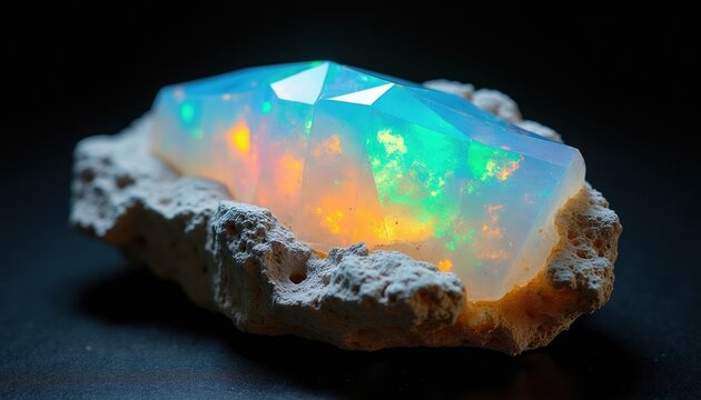 Polished gemstone opal displays play of color spectrum, glowing with blue green yellow orange light. Rough rock matrix shows mineral beauty. Macro shot on dark backdrop, indoor studio.