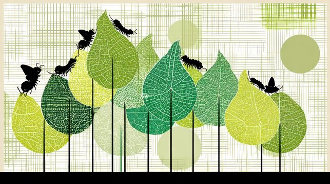 Stylized depiction of insect silhouettes crawling upon numerous overlapping foliage shapes set against a textured background.