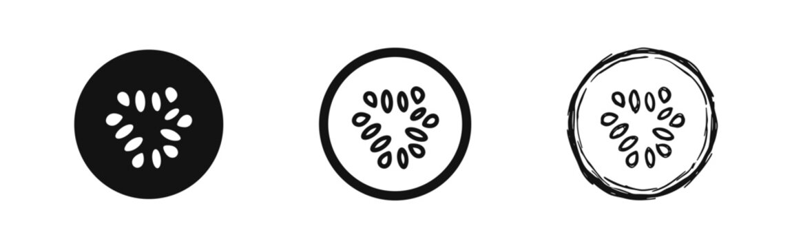 Set of cucumber slice icons in three styles, flat, outline and hand-drawn