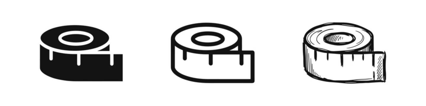 Measuring tape icons set, tailor ruler in solid, outline, and sketch styles