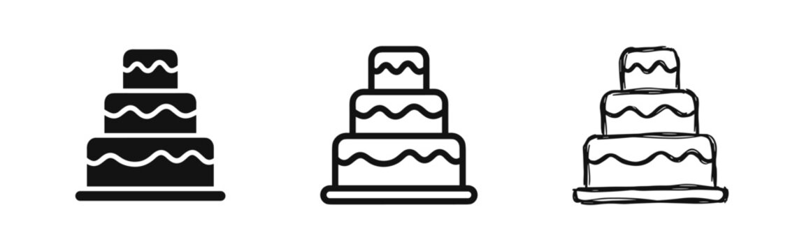 Wedding cake icons in solid, outline, and sketch styles