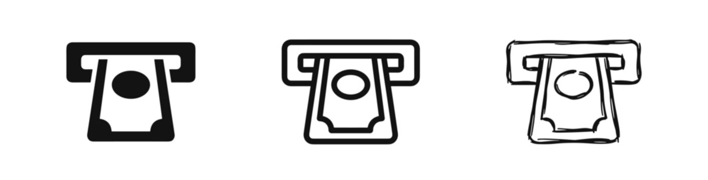 ATM withdrawal icons in solid, outline, and sketch styles