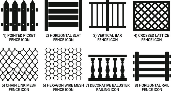 Set of eight fence icons with numbers and text descriptions isolated on a transparent background.