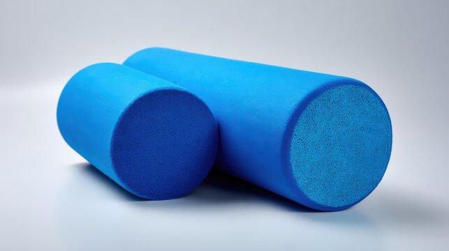 Two Blue Foam Rollers Gray Surface Fitness Physical Therapy Muscle Recovery Product Photography
