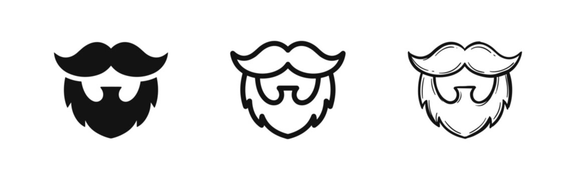 Set of bearded face icons in three styles: solid, linear, and hand-drawn