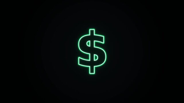 Glowing neon green dollar sign blinking and pulsing on a dark background. Minimalist motion graphic ideal for finance, currency, wealth, crypto, and business concepts.