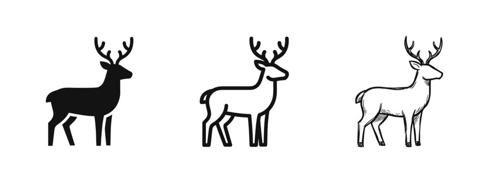 Three deer icons: black silhouette, outline, and hand-drawn sketch.