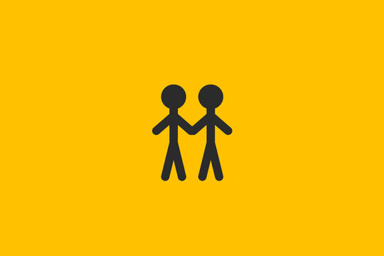 Two stick figures stand together, holding hands