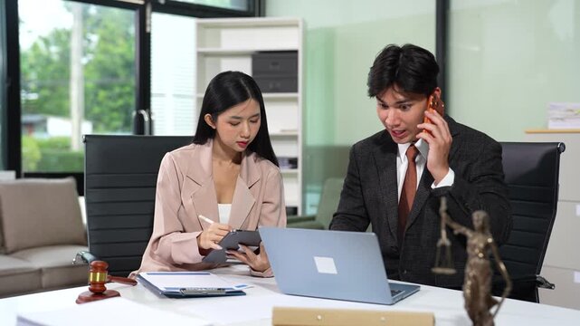 Business lawyer meeting working with paperwork on desk in office workplace for consultant lawyer in office.