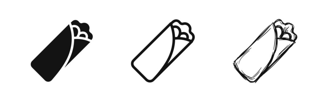 Set of three icons: burrito in solid, outline, and sketch styles.