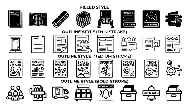 Magazine Icons Collection in Filled and Outline Styles with Three Stroke Weights Vector Set