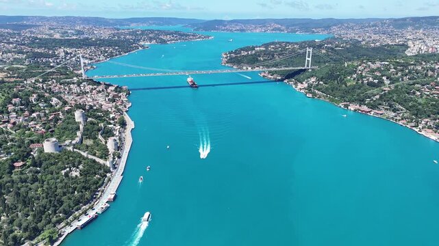 Aerial view of the turquoise Bosphorus and bridges, featuring a unique Istanbul cityscape on a summer day (D-Log unprocessed footage).