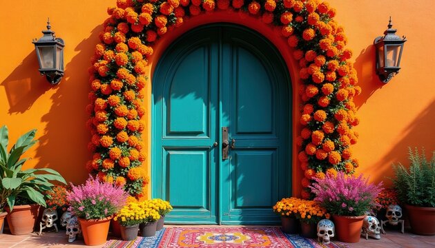 Festive orange marigold arch decorates a teal doorway. Potted plants and decorative skulls flank the entrance. Colorful rug lies on floor. Autumnal home decor celebrates Day of the Dead.
