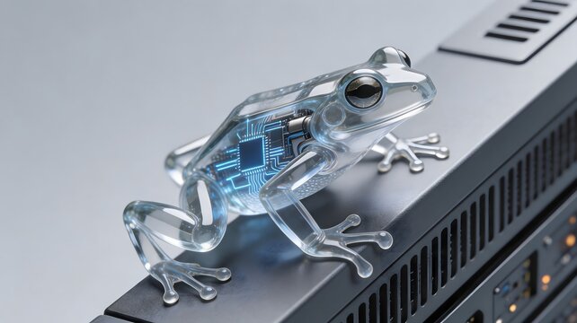 Translucent glass cybernetic frog with glowing quantum core