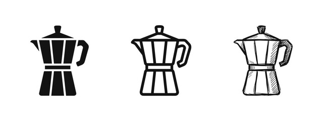 Moka pot coffee maker silhouette, outline and sketch icons © drawing lines