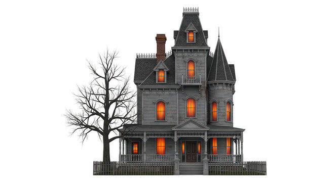 Old haunted house with glowing windows and a spooky dead tree for halloween celebration design isolated on transparent background