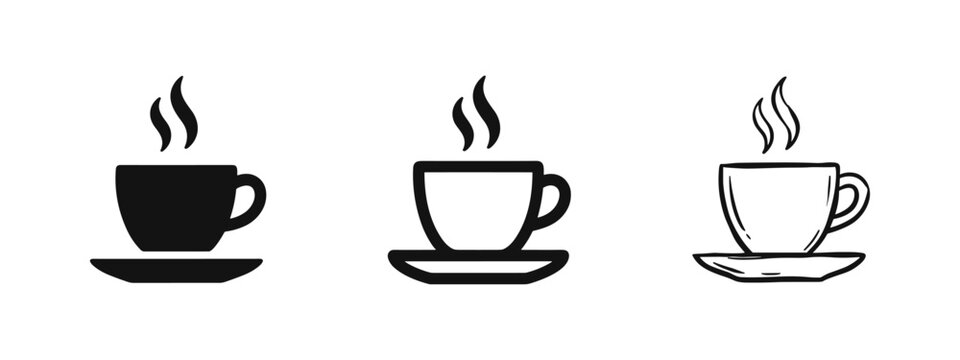 Coffee cup icon set, hot beverage, morning drink with steam, black and sketch illustrations