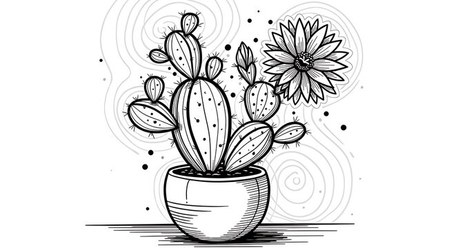 Potted cactus plant with blooming flower and textured background line art